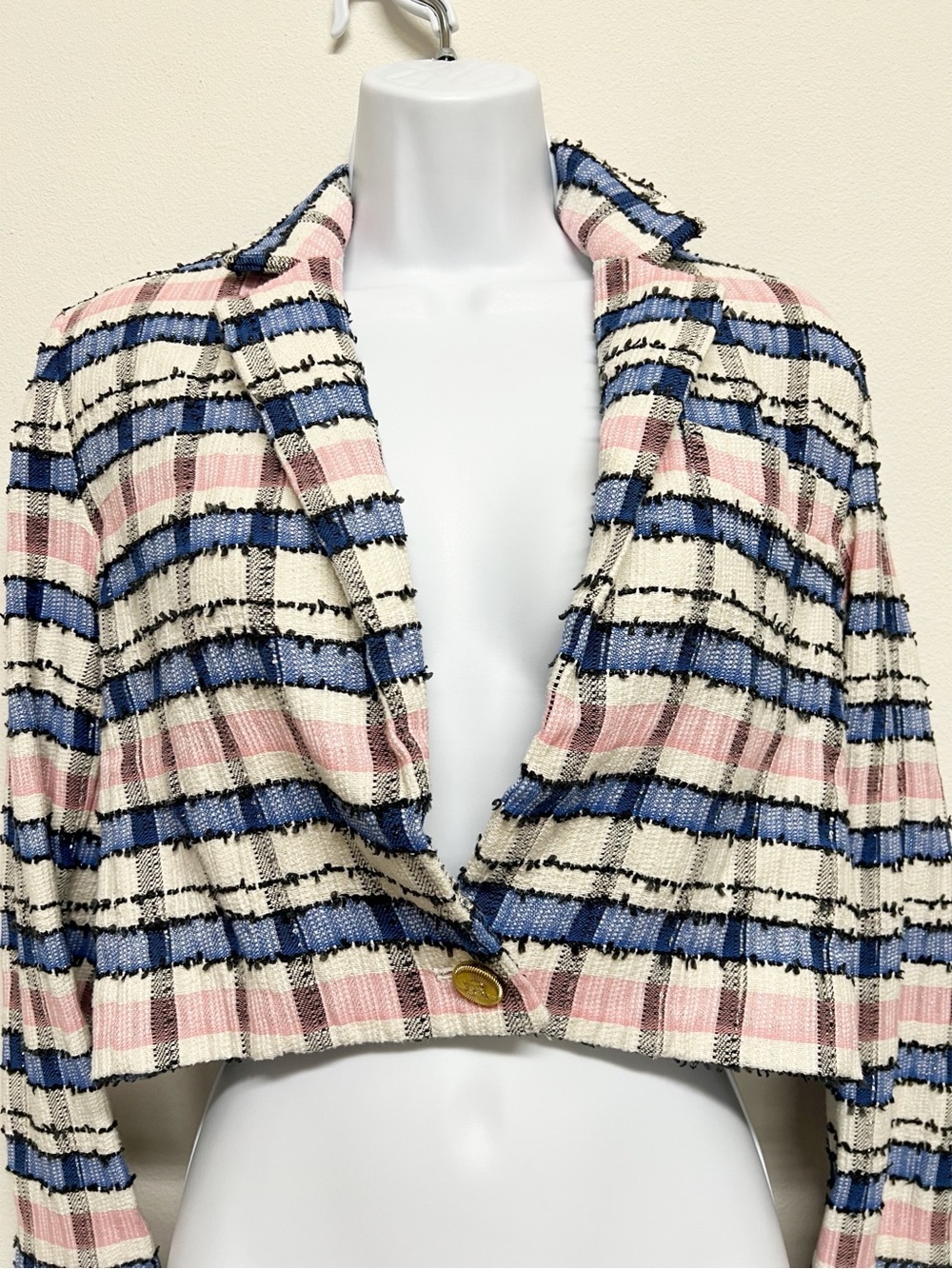 EENK Womens Ivory Pink Blue Preppy Single Breasted Short Tweed Jacket Size S - Picture 3 of 12